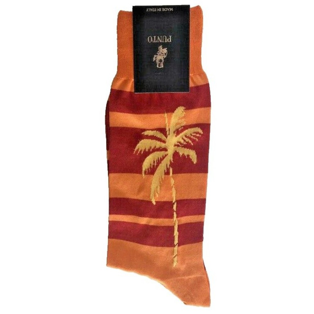 Punto Palm Tree Italian Mens Dress Socks Striped Red Orange Egyptian Cotton